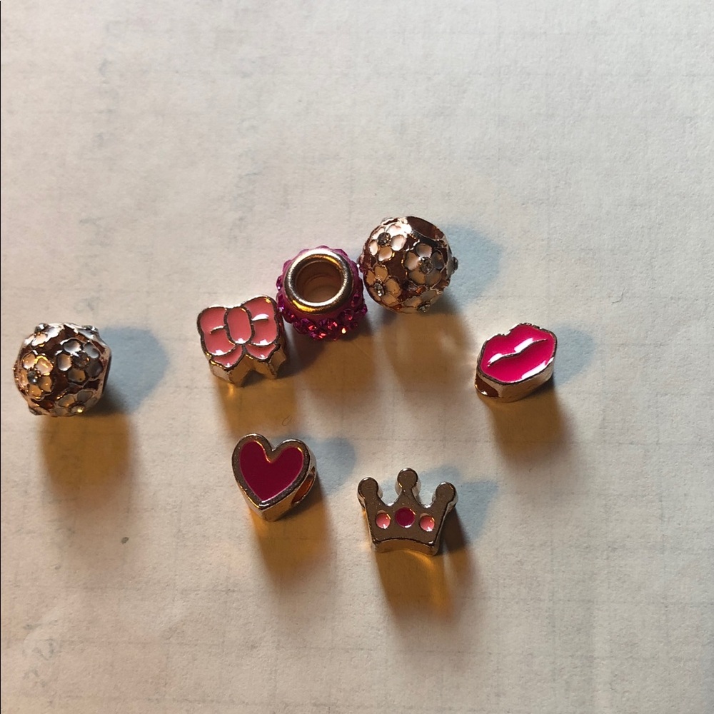 Kids Pink Enamel Charm Beads Set - Bow, Heart, Crown & Lip Accents